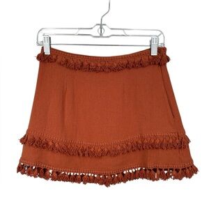 Etiquette Burnt Orange Boho Fringe Tassel Mini Skirt Small